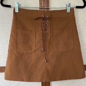 Vintage 1970s Faux Suede Skirt With Lace Up Front - Size XS